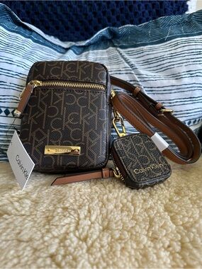 Calvin Klein Brown Monogram Crossbody with Mini Pouch